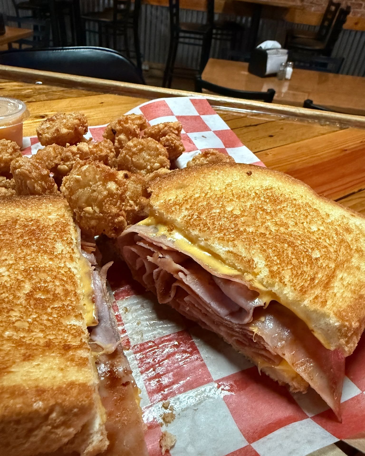Hot ham and cheese on Texas toast with tater tots